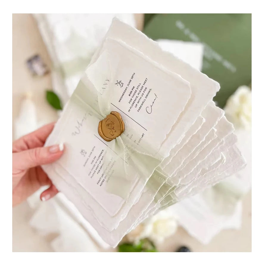 Luxury Unique Cotton Paper Letterpress Printing Wedding Card Europe Customized Artificial Invitation Card With Silk Ribbon