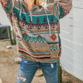 US Market Western Style Long Hooded Elastic Drawstring Zipper Down Kangaroo Pocket Hoodie Aztec Outwear Coat Women