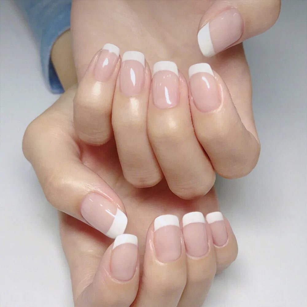 French Square Designed Pink White Fake Nails Press on Nail Private Label Custom Packaging
