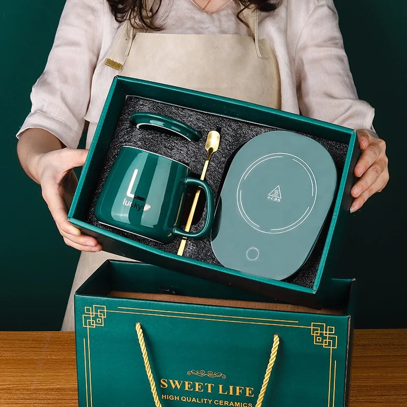 55 Degree Centigrade Ceramic Cup Heating Pad Temperature Control Smart Coffee Mug Cup Warmer with Lid and Spoon Gift Box Set