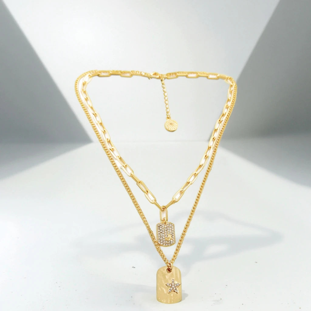 Charming Girl Double-Layer Gold Plated Link Chain Necklace New Design Fashion Jewelry with Diamond Star Pendant for Women
