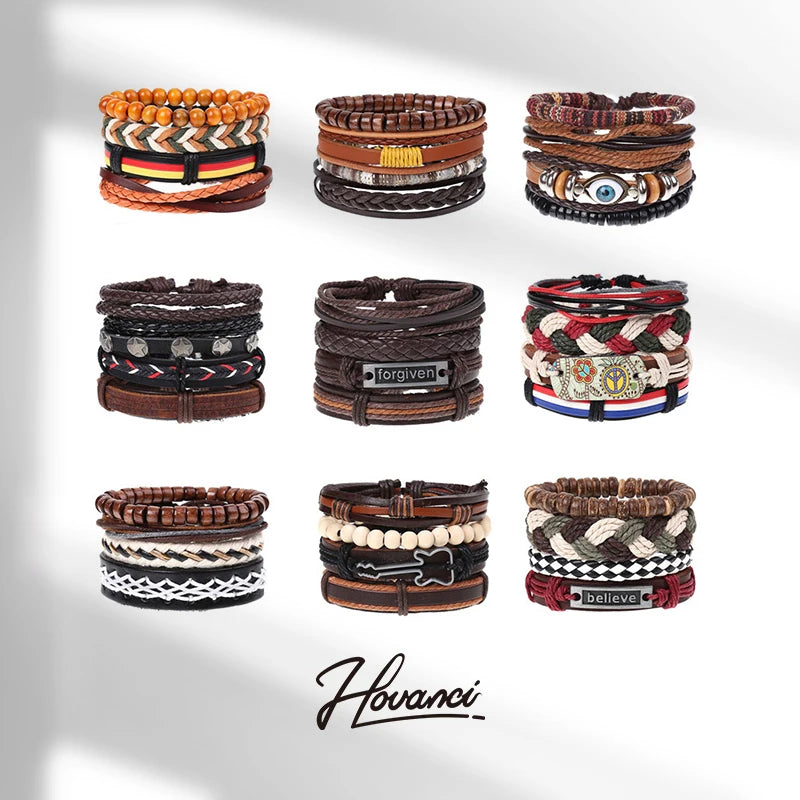 HOVANCI Multilayer Mens Leather Bracelet 01 Wooden Beads Leather Weave Wrap Bracelet for Men