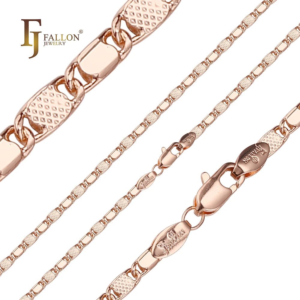 FJ Fallon Fashion Jewelry Solid Snail Link Half Hammered Chain Plated in Rose Gold Brass Based