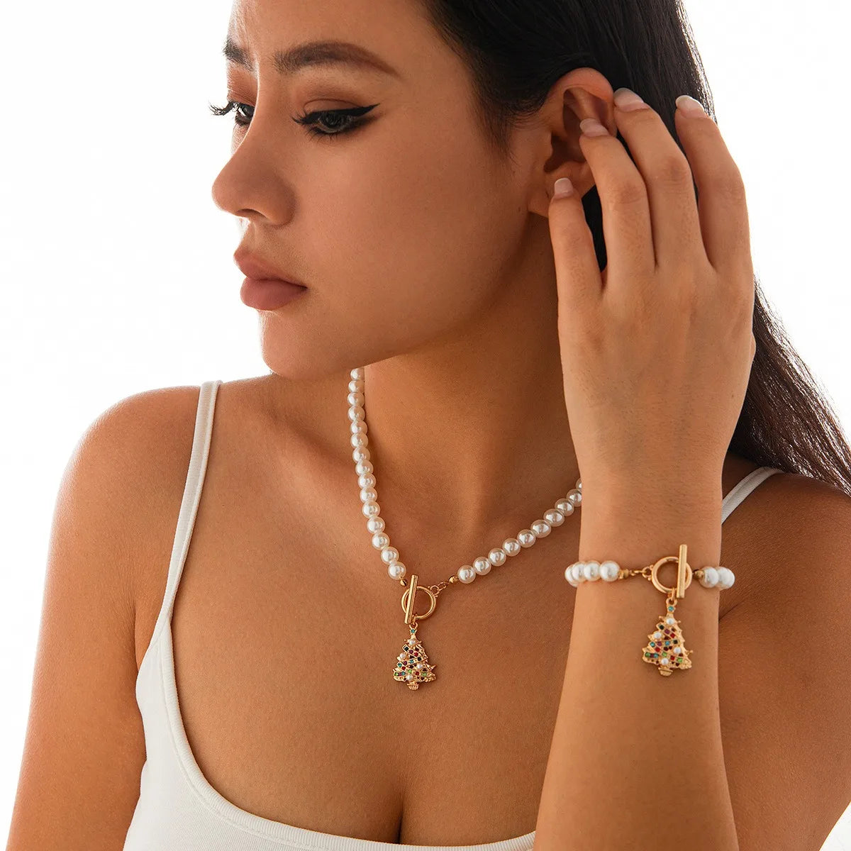 Fashion Light Luxury Style Imitation Pearl Christmas Tree Bell Snowflake Pendant OT Buckle Necklace Bracelet Set