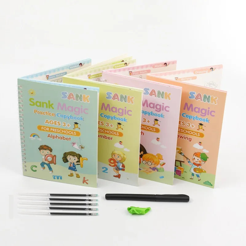 Disappearing Ink Pen Reusable 4 Books Kids Tracing Sank Magic Practice Copybook