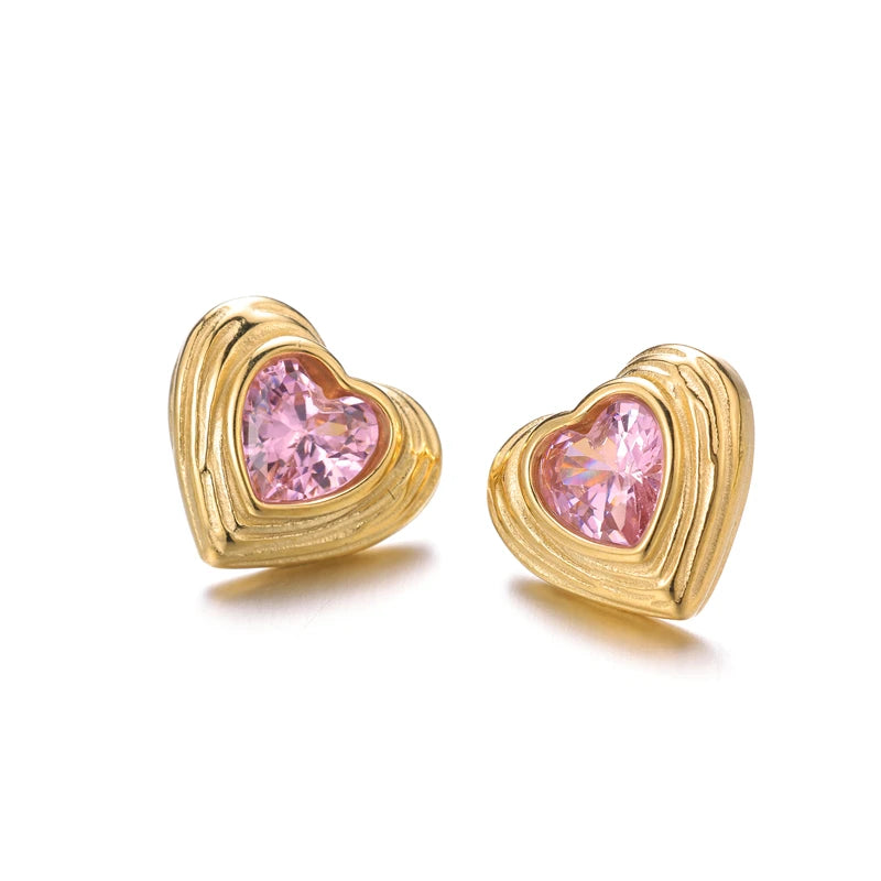 18K Gold Plated Stainless Steel Heart Earrings for Women Colorful Birth Stone Studs for Wedding & Christian Ceremonies