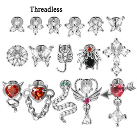 Snake Heart Animal Threadless Stainless Steel Stud Earrings Zircon Labret Cartilage Ear Lobe Helix Tragus Piercing Wedding Gift