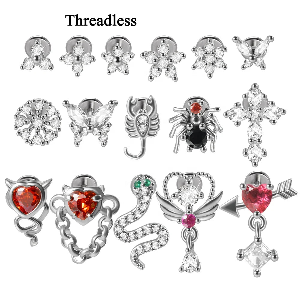 Snake Heart Animal Threadless Stainless Steel Stud Earrings Zircon Labret Cartilage Ear Lobe Helix Tragus Piercing Wedding Gift