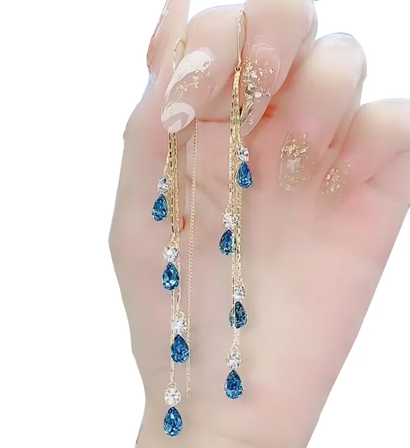 Gold Trend Long Wire Tassel Thread Chain Zircon Drop Pendants Crystal Dangle Earrings Women Straight Hanging Earrings Jewelry