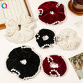 Large Velvet Scrunchies with White Pearl Bead Scrunchy Chouchou Ponytail Holder