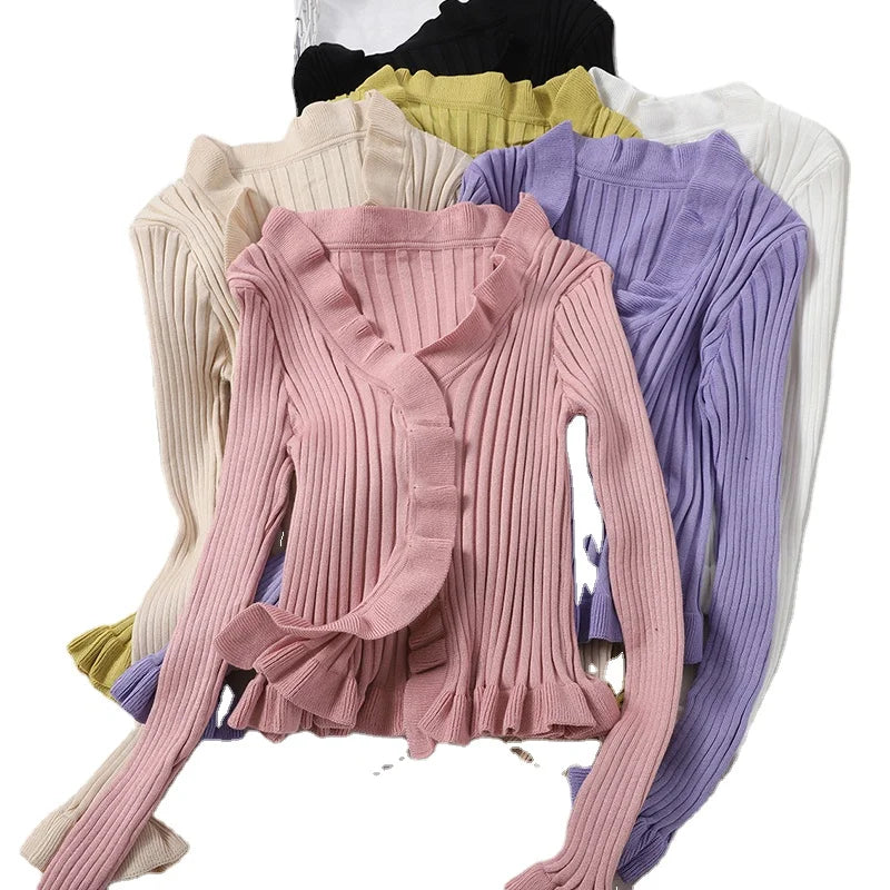 Ruffle Sweater Cardigan Women Fashion Knitting Sweet Ruffled Crop Tops Lady Full Sleeve Cropped Shirt Cardigan Girl Sweet Jacket