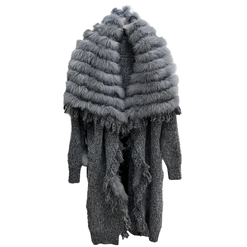 New Arrival Big Fur Collar Women Knitting Sweater Casual Cardigan With Fox Fur