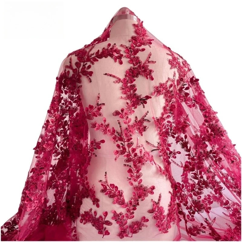 Luxury Beaded Applique Bridal Lace Mesh Fabric Red Embroidery Flowers Leaves Sequins High-end Dress Garment Use 3D