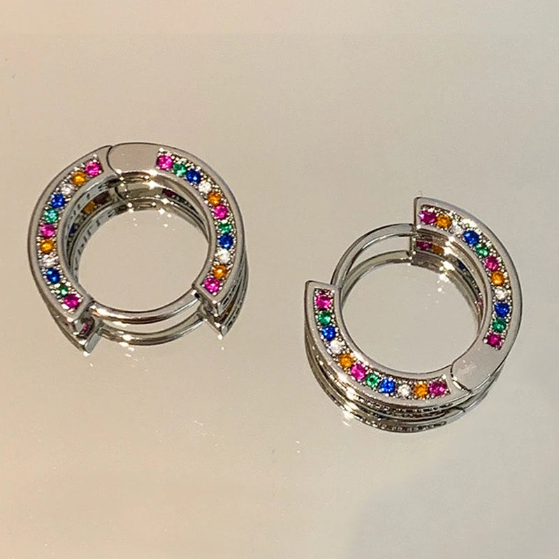 2023 Spring and Summer New Brass Plating Silver Inlaid With Colored Zirconia Silver Small Hoop Earrings