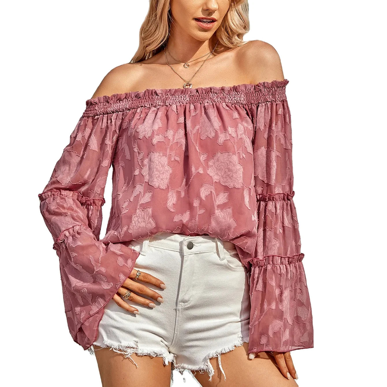 2023 European and American Women's New Casual Print Long Sleeved Chiffon Top