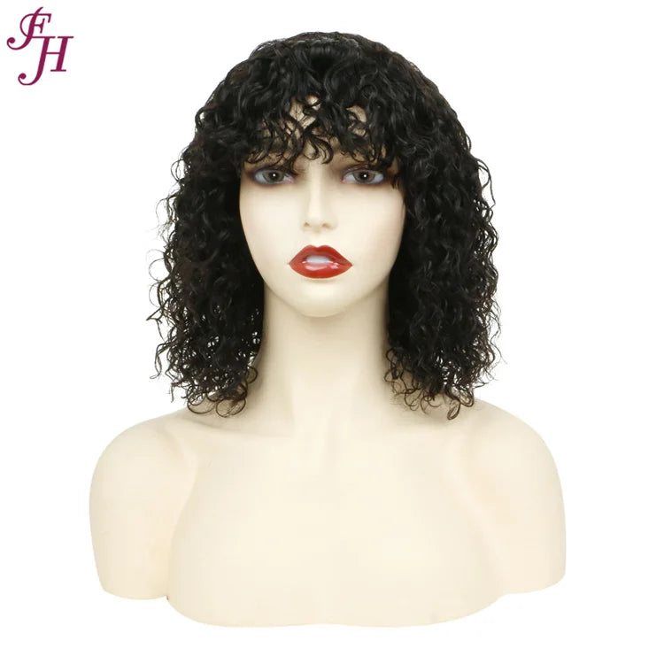 FH High Quality Virgin Brazilian Human Hair Wig Natural Black 12 Inches Short Curly Bob Wig Human Hair Wig for Black Women