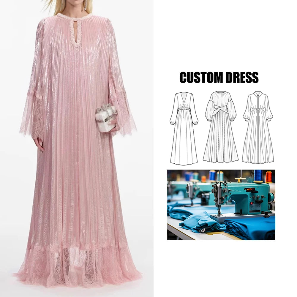 Brand Customization Empire Ruched Maxi Gowns Spring New Pleated Long Dress Nail Bead Lace Patchwork Casual Party Plus Simple