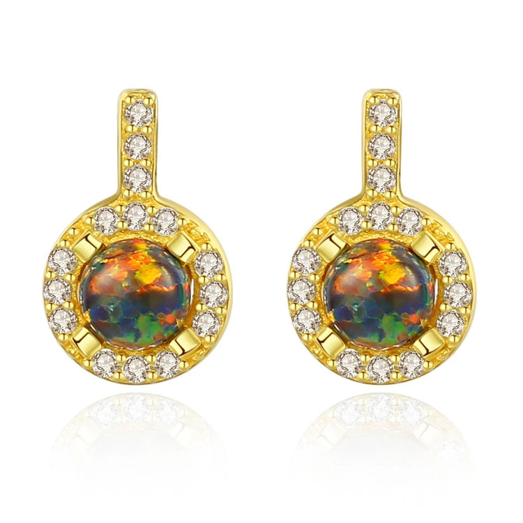 Fine Jewelry 925 Sterling Silver Round Disc Shape Natural Opal Zircons Stud Earrings for Women Girls