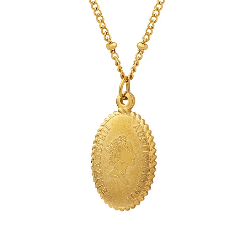 Stainless Steel Ball Chain Oval Shape Elizabeth Queen Pendant Necklace for Women