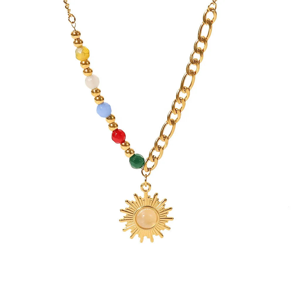 Titanium Steel Colorful Beaded Retro Sunflower Pendant Spliced Chain Necklace Colorful Bead Opal Sunflower Necklace