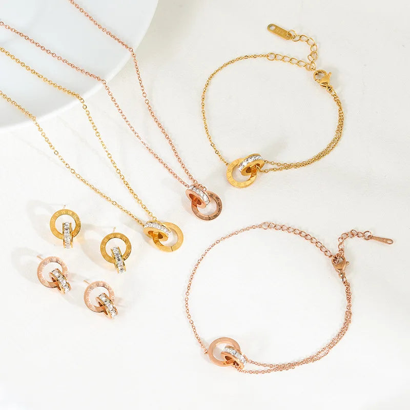 DAIHE Fashion 316L Stainless Steel Earings Bracelets Necklace Set Roman Double Rings 18k Gold Plated Jewelry Tarnish Free