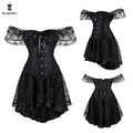 Gothic Victorian Korset Top With Skirt Set Floral Embroidered Lace Corset Midi Clothing Women Prom Dress With T-Back Panty