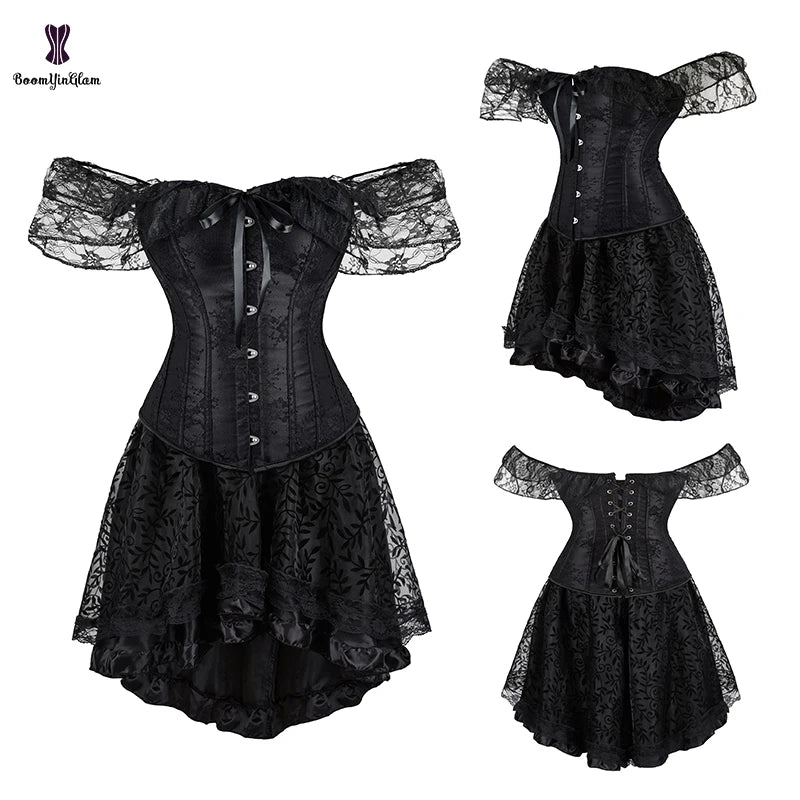 Gothic Victorian Korset Top With Skirt Set Floral Embroidered Lace Corset Midi Clothing Women Prom Dress With T-Back Panty