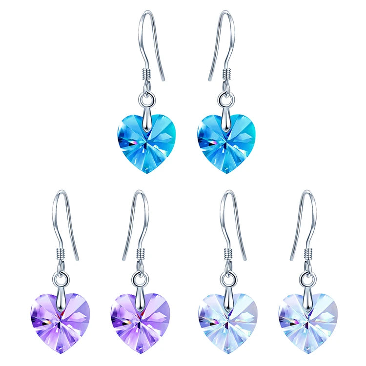 Color Crystal Earing Set 925 Sterling Silver Heart Dangle Earrings Women