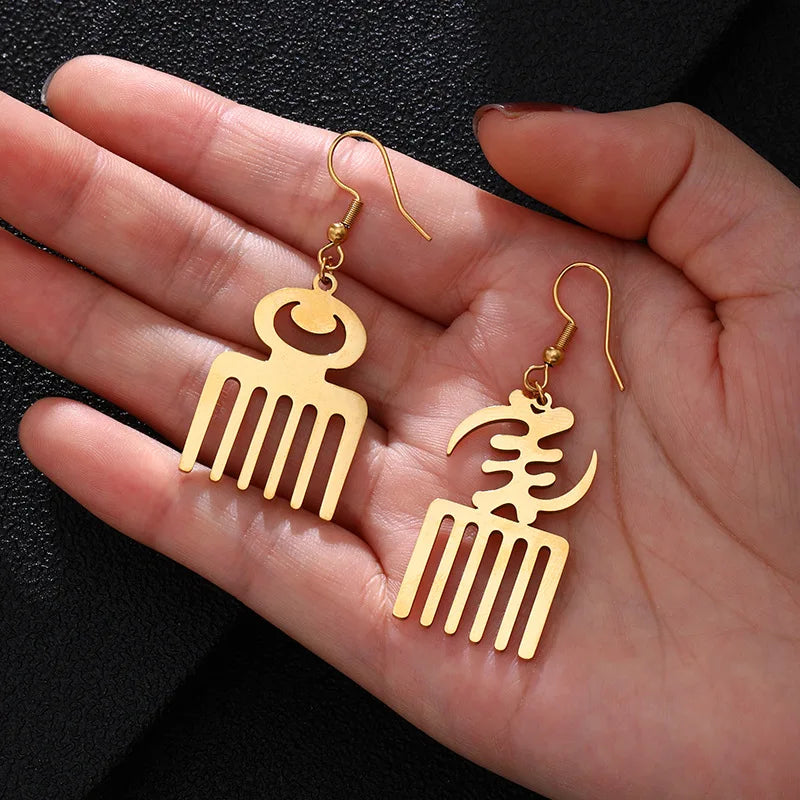 18K Gold Plated Stainless Steel Name Pendant Earring Adinkra Symbol Jewelry West African Design Dangle Africa Earring