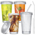Vertical Striped Iced Coffee Cup 12oz Ribbed Highball Glasses with Lids and Straws