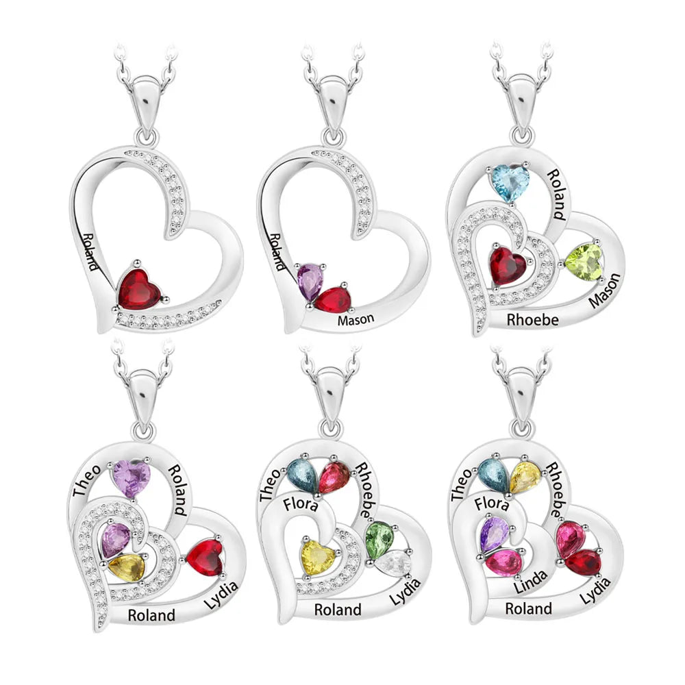 Custom Family Names Heart Pendant Necklace with Birthstones Personalized Mothers Day Necklace Jewelry Gift for Mom Mum