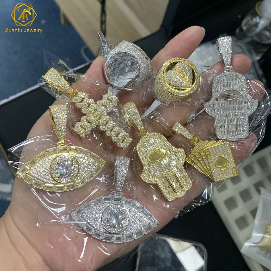 Large VVS Moissanite Diamond Pendants Wholesale Iced Out Gold Plating 925 Sterling Silver Custom Hamsa Hand Pendant
