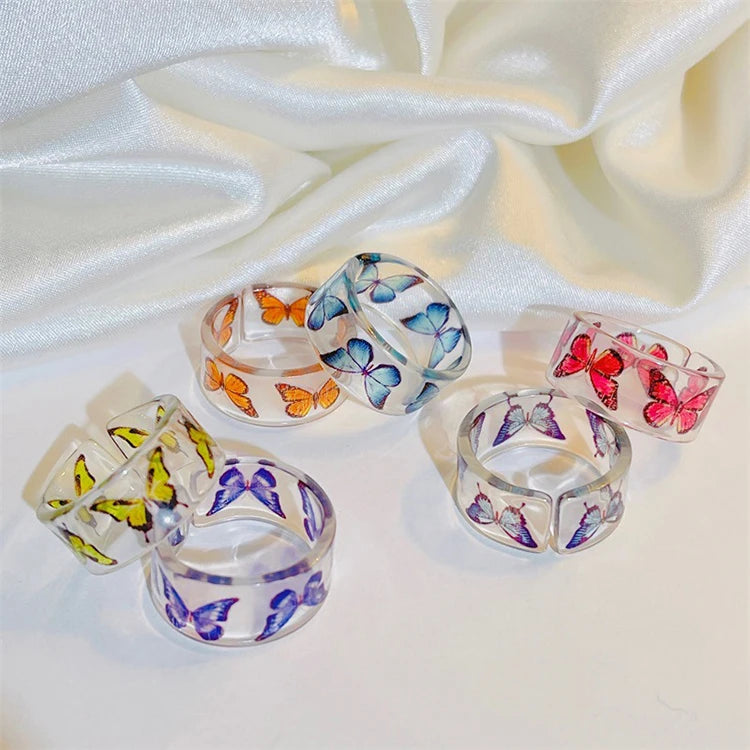 European American Cross-border New Open Acrylic Ring Fashion Simple Colors Butterfly Resin Ring for Women