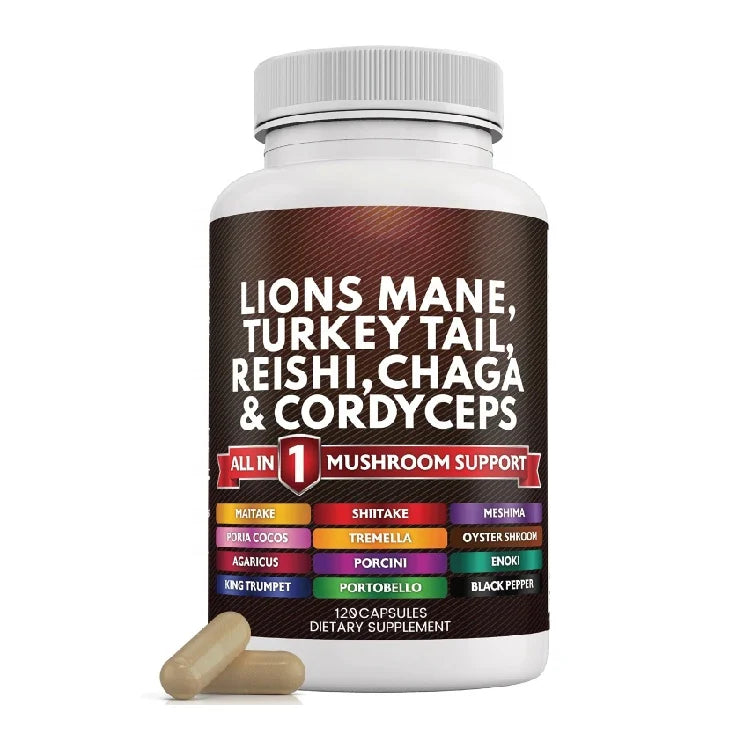 Faitury OEM Vegan Mushroom Complex Supplement 500MG Turkey Tail Reishi Cordyceps Chaga Maitake Shiitake Lions Mane Capsules