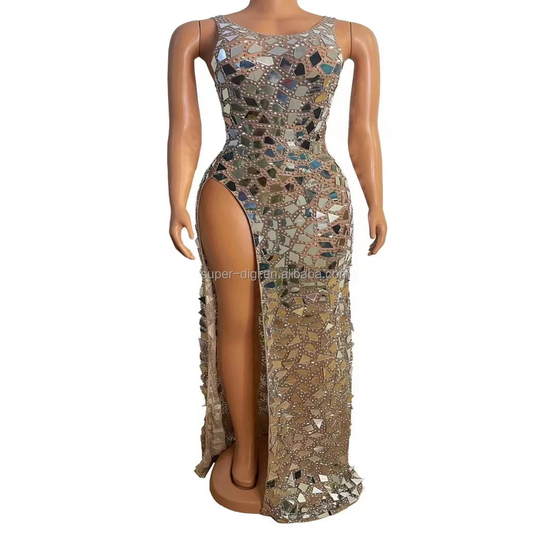 Luxury Nightclub bar Girl Full Diamond Lens Reflective Slit Dress Singer Model Catwalk Show Mirror Dress Birthday Costume