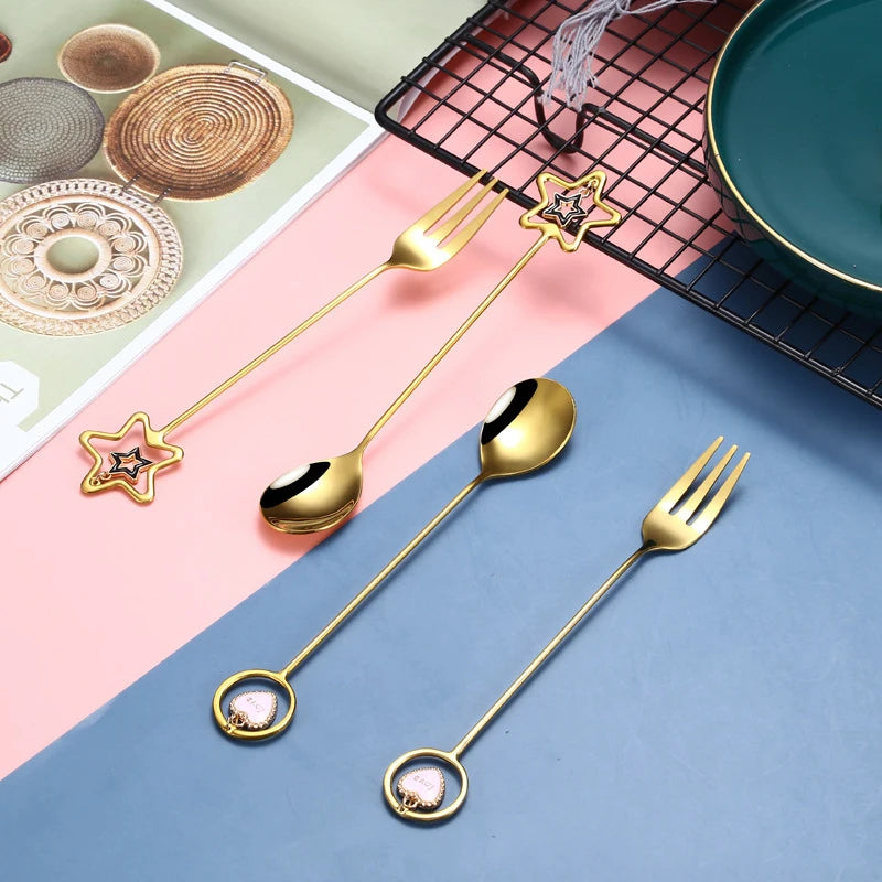 Fanny Pentagram Heart-Shaped Stainless Steel 304# Mini Stirring Spoon Fork Gold Finish for Business Gifts Coffee Tea Dessert