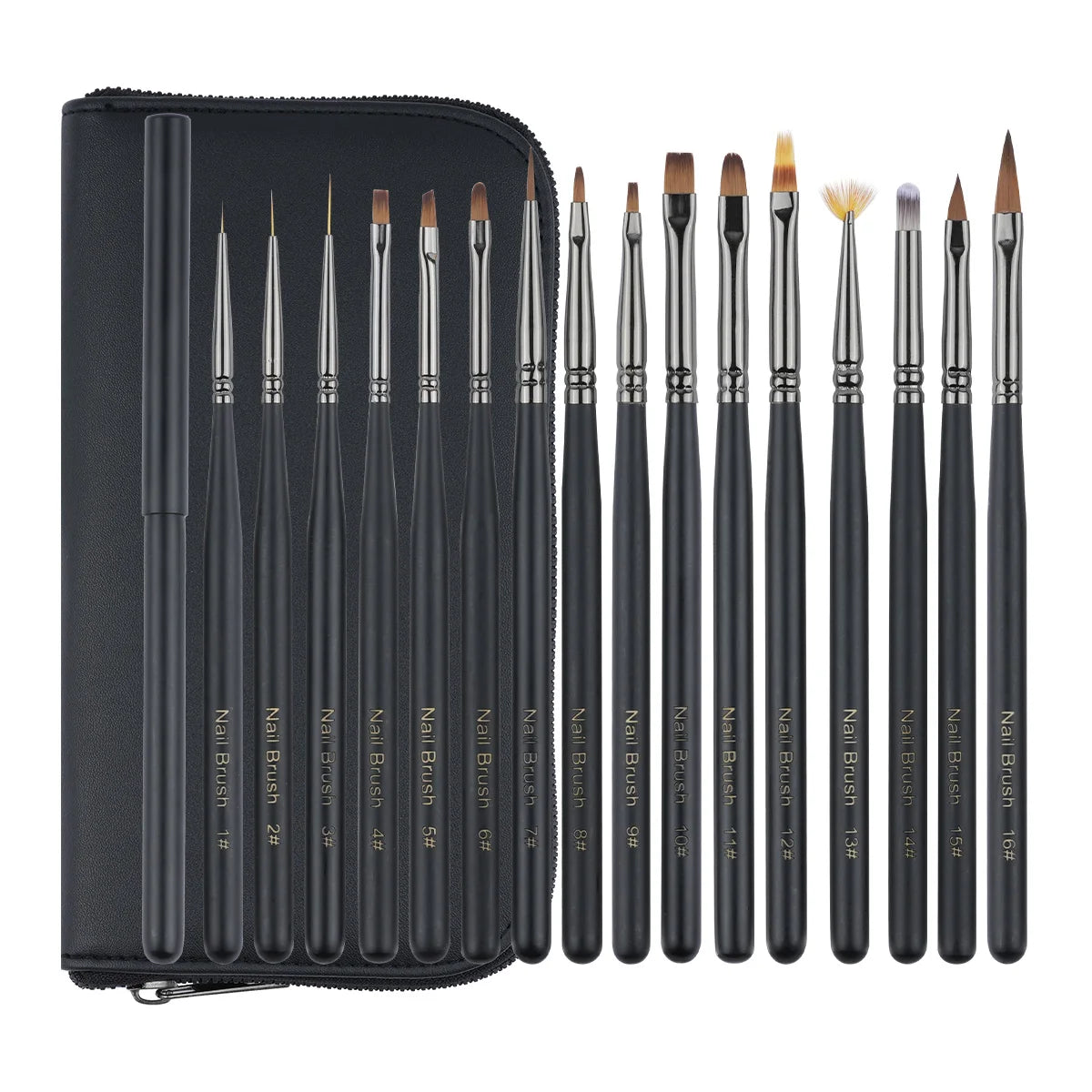 Wholesale Private Label OEM Custom Logo #2~#24 16 Pcs Black Wood Handle Liner Gel 100% Pure Kolinsky Hair Acrylic Nail Brush Set