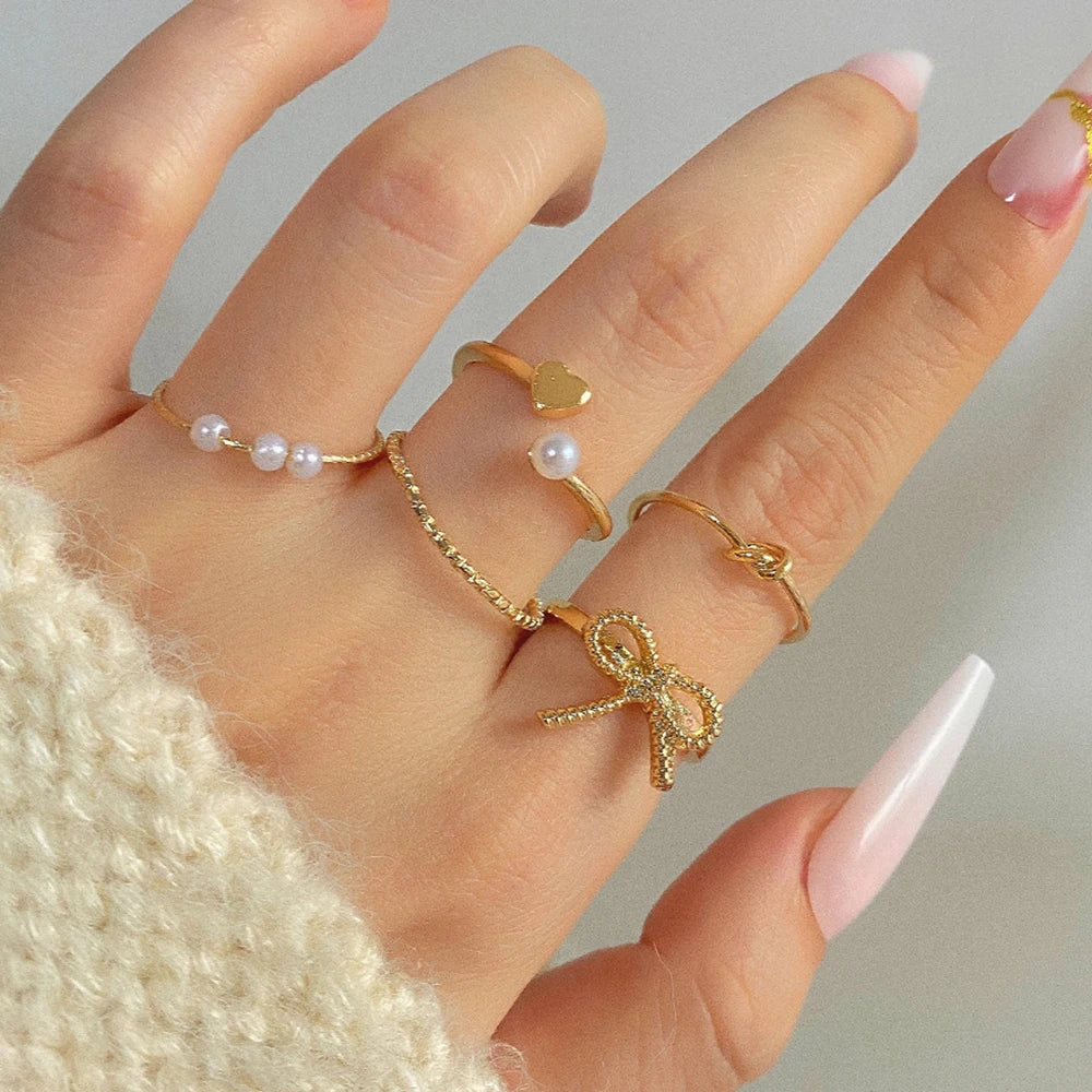 New Fashion Pearl Bows Rings for Women Vintage Geometric Rings Set Jewelry Part