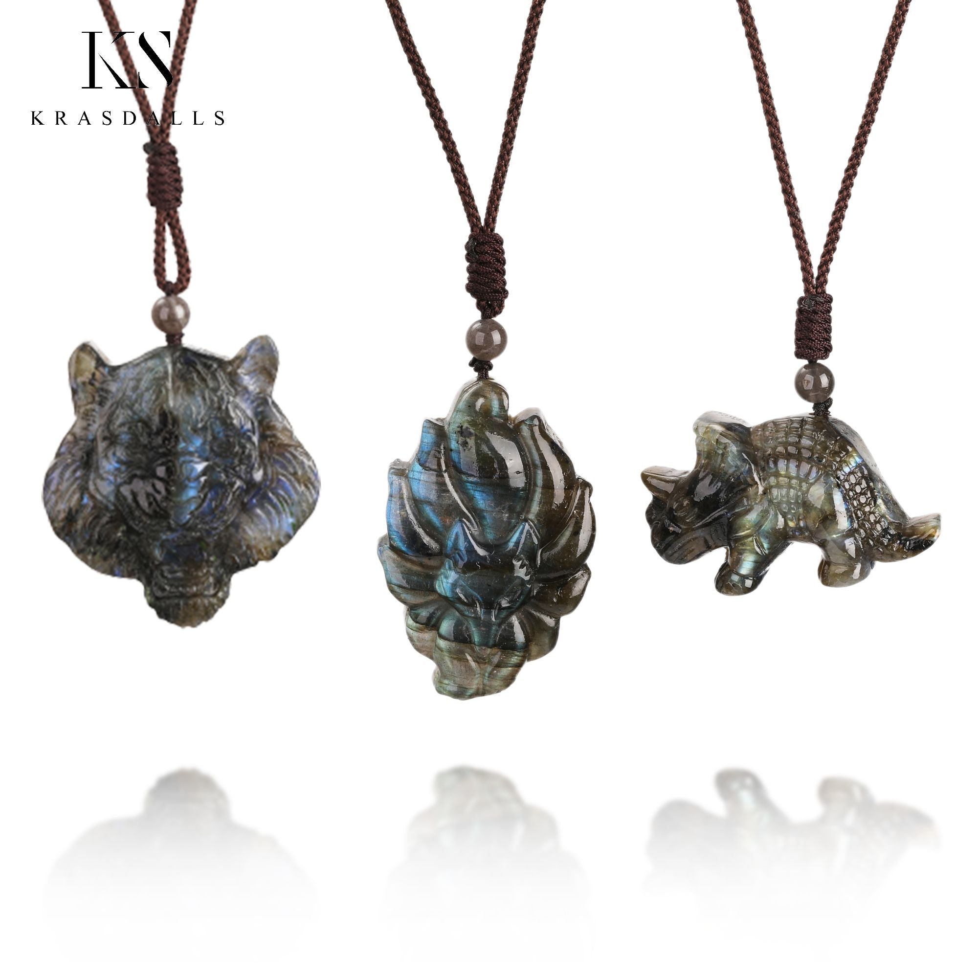 Crystal Carving Labradorite Figurine Pendant Healing Necklace Animal Tiger Fox Rhino Man Jewelry Gifts