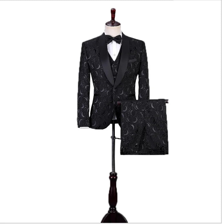 2026 New Bridegroom Wedding Dress Slim Fitting Men's Dark Pattern Suit Three Piece Performance Suit