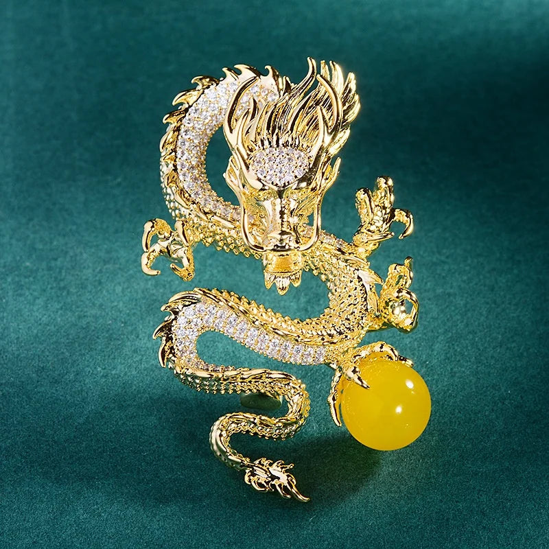 Chinese Zodiac Loong Brooch Inlaid Zircon Corsage Suit Lapel Pin Vintage Luxury Breastpin Accessories Jewelry Fathers Day Gifts