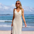 Custom Design Logo Fashion Mesh Hollow Out Summer Beach Crochet Cutout Maxi Slip Cover-Up Women Casual Knitted Dress