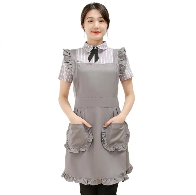 Cute Ruffled Grey Apron Pocket for Women Adjustable Kitchen Cooking Baking and Flower Shop Home Use Custom Logo
