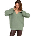Custom High Quality Deep V Neck Acrylic Knitted Women's Winter Sweater Casual Style with Front Logo Stand Collar