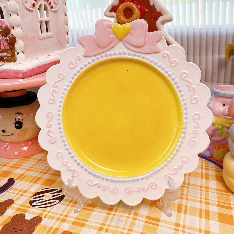 Cute Embossed Bow Ceramic Plate Hand Painted Lace Dessert Plate