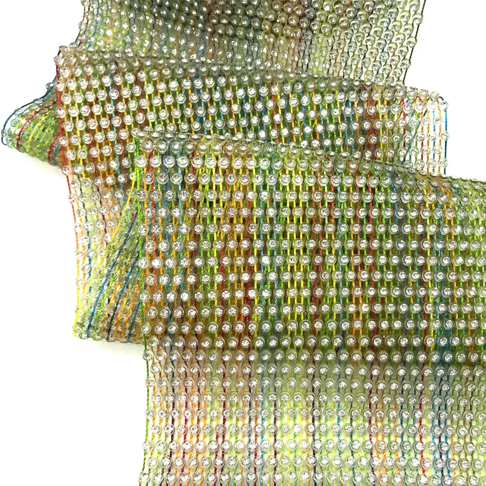 S265 Colorful Thread Bling Bling Crystal Mesh Fabric Rhinestone Elastic Stretch Crystal Rhinestone Mesh for Garment Accessories