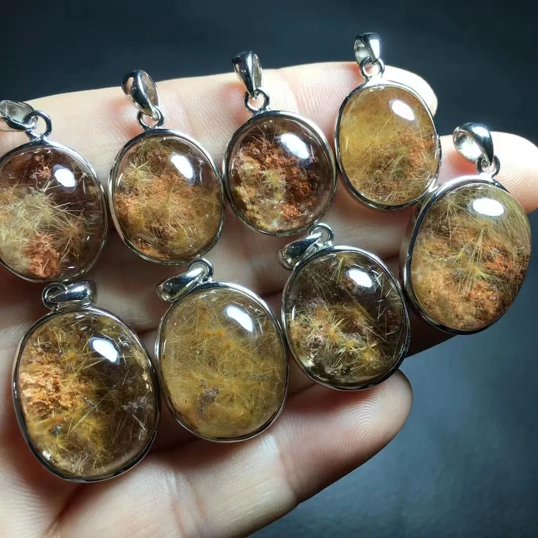 Garden Rutiled Quartz Natural Crystal 925 Silver Oval Shape Garden Rutiled Quartz Pendant for Decoration