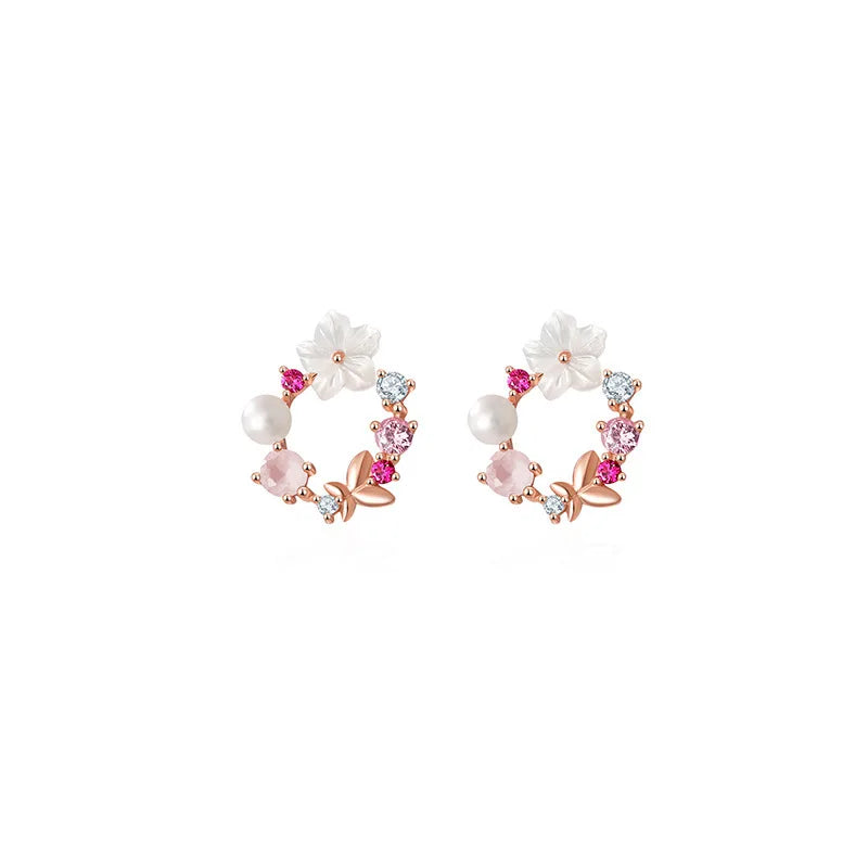 S925 Fashion Earings Korean Stud Pearl Flower Diamond Earrings for Women Statement Gold butterfly Jewelry Earring