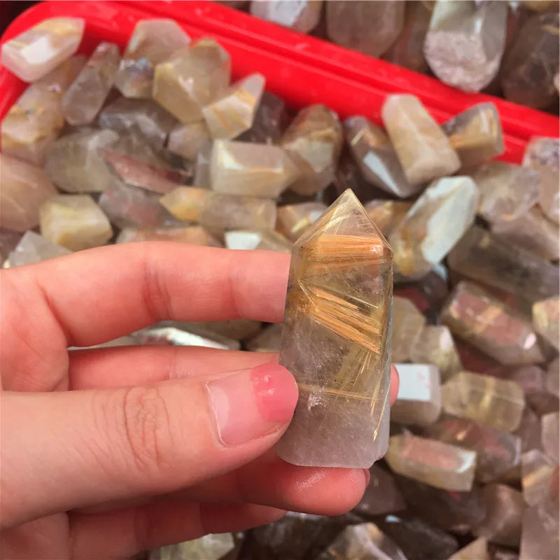 Wholesale Hand Carved Gold Rutilated Quartz Crystal Point Wand Natural FengShui Craft for Sale