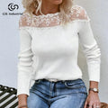Women's Basic Sweater Lace Embroidery Spring Autumn Crew Neck Pullover Long Sleeve Casual Knit Rib Front Logo Plain Knit Design